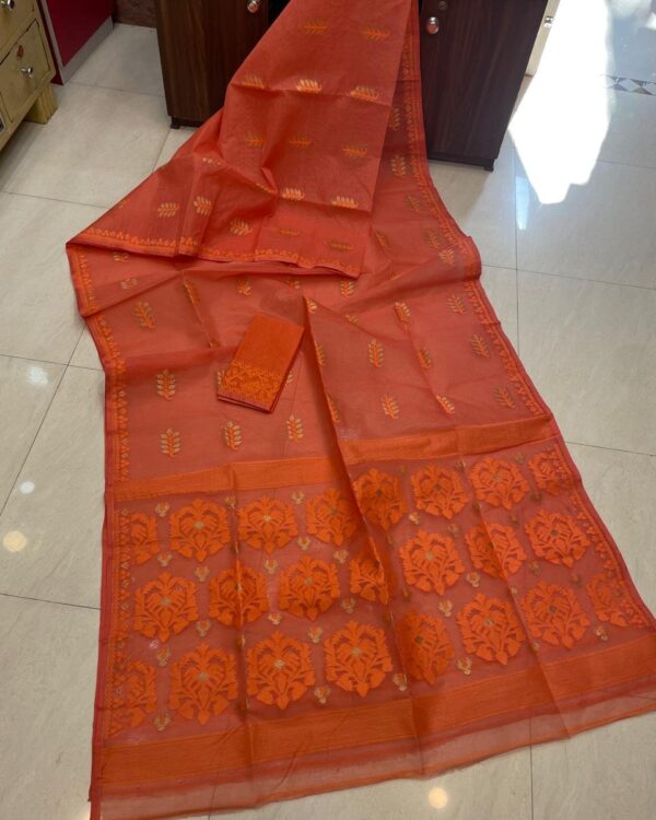 Soft Dhakai Jamdani Saree with Blouse Piece - Red Orangy