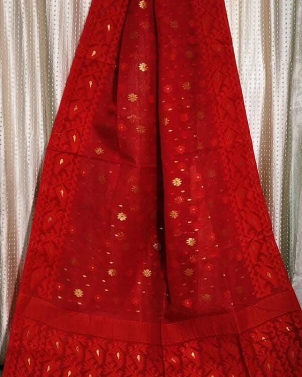 Red Soft Buti Korat Jamdani Saree With Blouse Piece