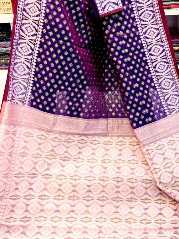 Barfi Soft Dhakai Jamdani Sari with Blouse Piece - Rich Purple - Image 2