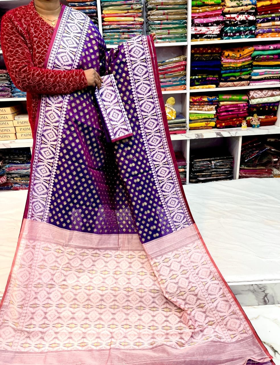 Barfi Soft Dhakai Jamdani Sari with Blouse Piece - Rich Purple