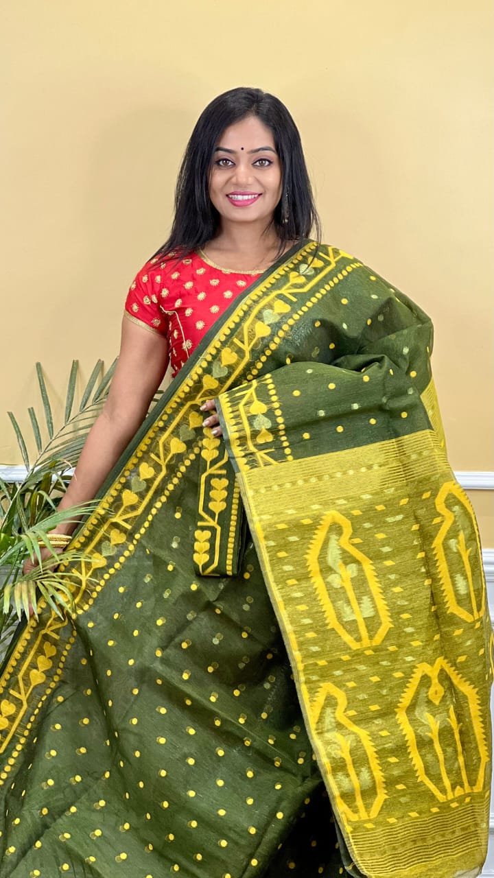 Buti Soft Dhakai Jamdani Saree with Blouse Piece - Rifle Green