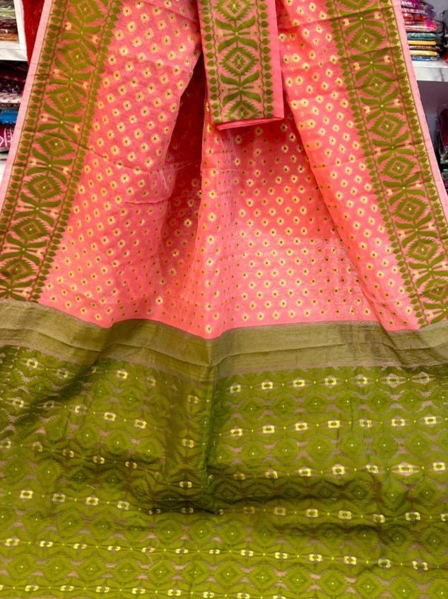 Barfi Soft Dhakai Jamdani Sari with Blouse Piece - Salmon - Image 2