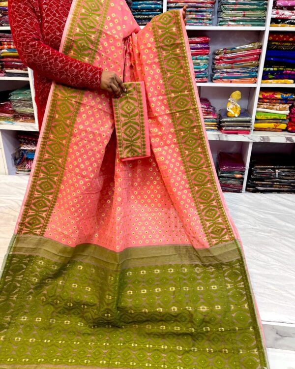 Barfi Soft Dhakai Jamdani Sari with Blouse Piece - Salmon