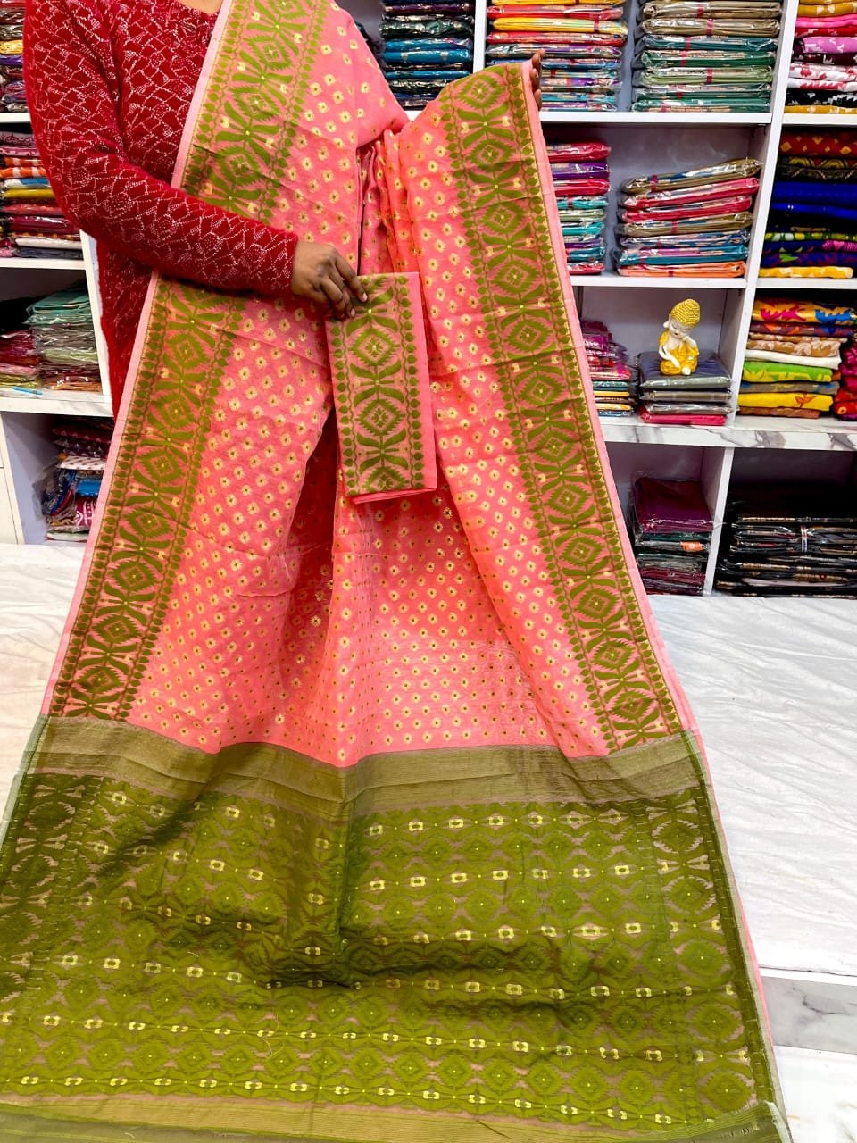 Barfi Soft Dhakai Jamdani Sari with Blouse Piece - Salmon