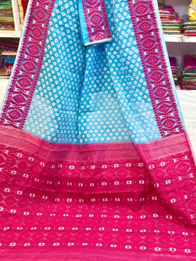 Barfi Soft Dhakai Jamdani Sari with Blouse Piece - Sky Blue - Image 2