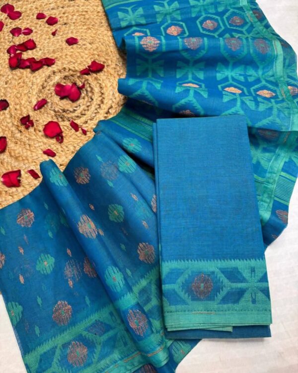 Barfi Buti Soft Dhakai Jamdani Sari with Blouse Piece - Sky Blue
