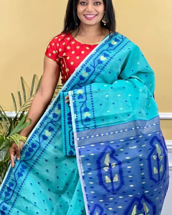 Buti Soft Dhakai Jamdani Saree with Blouse Piece - Teal Blue