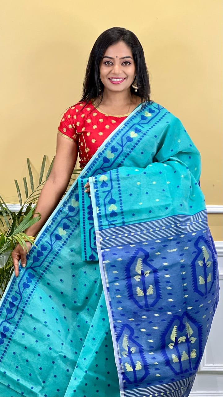 Buti Soft Dhakai Jamdani Saree with Blouse Piece - Teal Blue