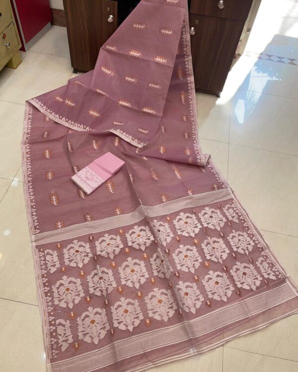 Soft Dhakai Jamdani Saree with Blouse Piece - Turkish Rose