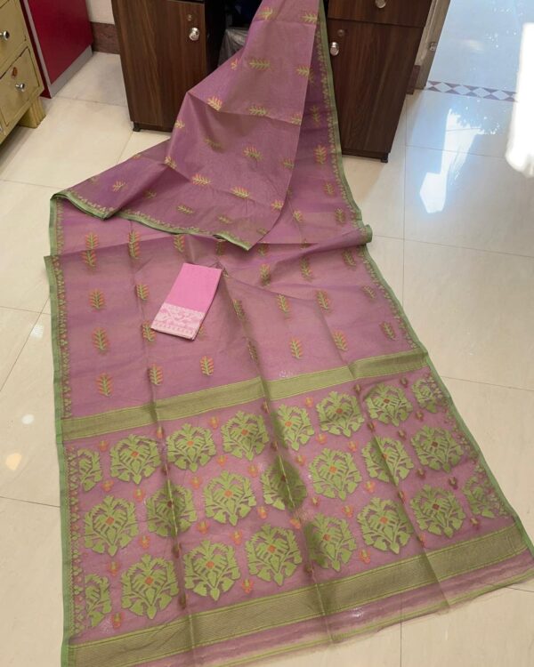 Soft Dhakai Jamdani Saree with Blouse Piece - Turkish Rose