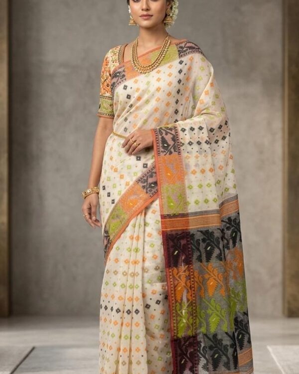 Ashtami Buti Dhakai Jamdani Sari with Blouse Piece - Vanilla