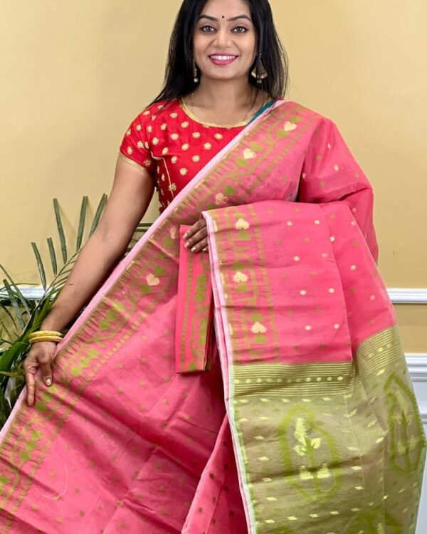 Buti Soft Dhakai Jamdani Saree with Blouse Piece - Warm Pink