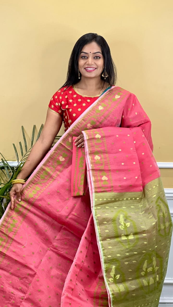 Buti Soft Dhakai Jamdani Saree with Blouse Piece - Warm Pink