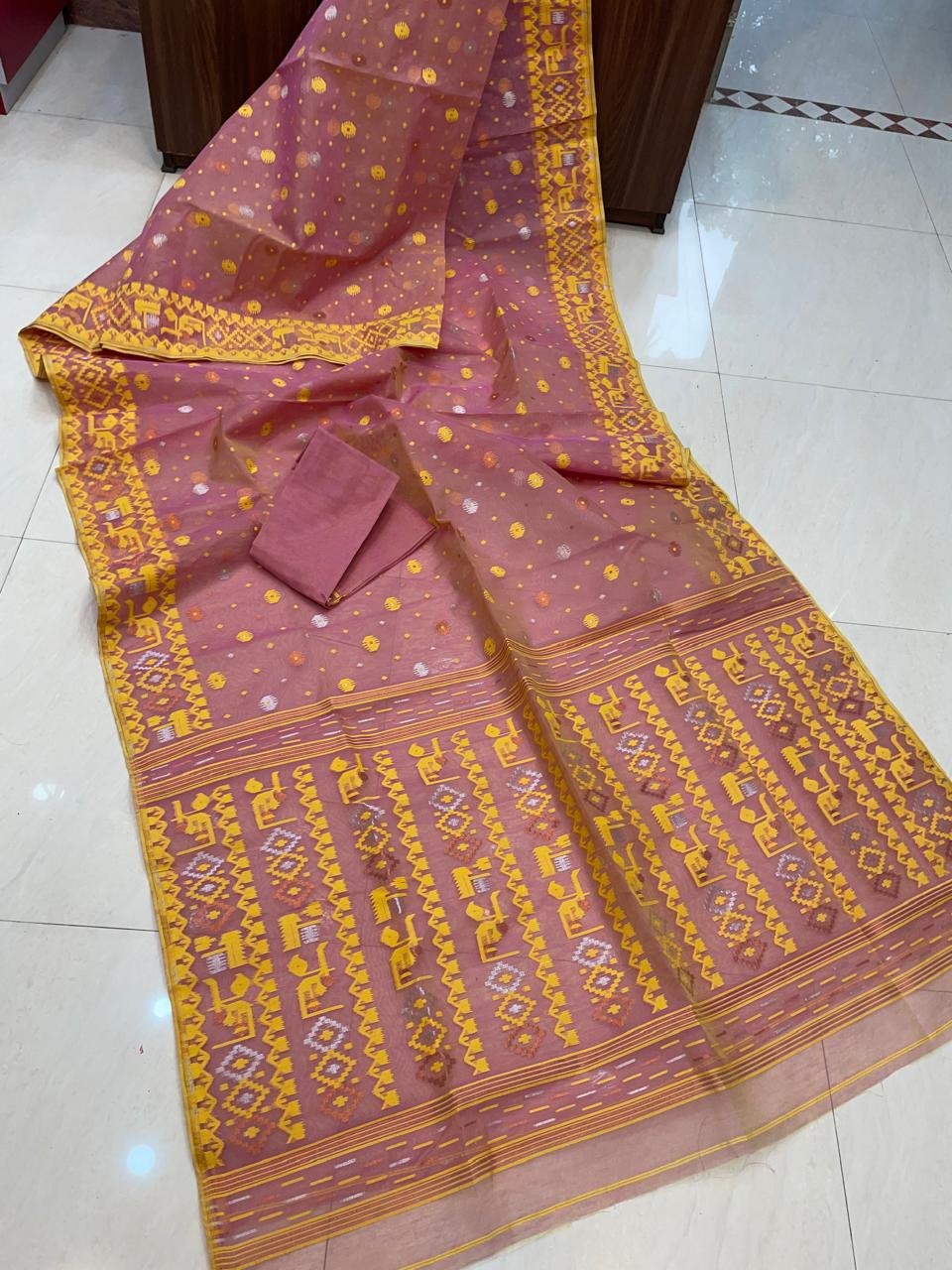 Allover Light Brown Soft Jamdani Saree Blouse Piece