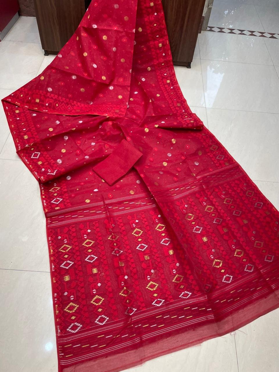 Allover Red Soft Jamdani Saree Blouse Piece