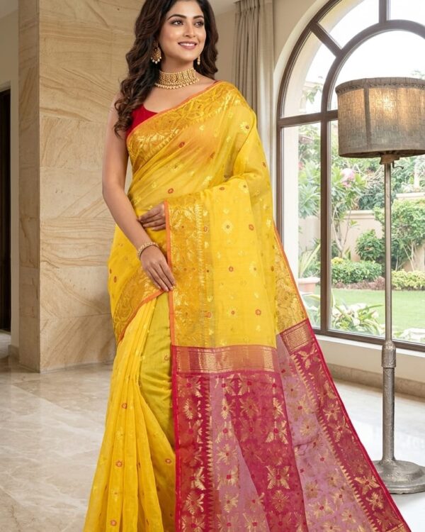 Yellow Soft Copper Joriwork Dhakai Jamdani Saree