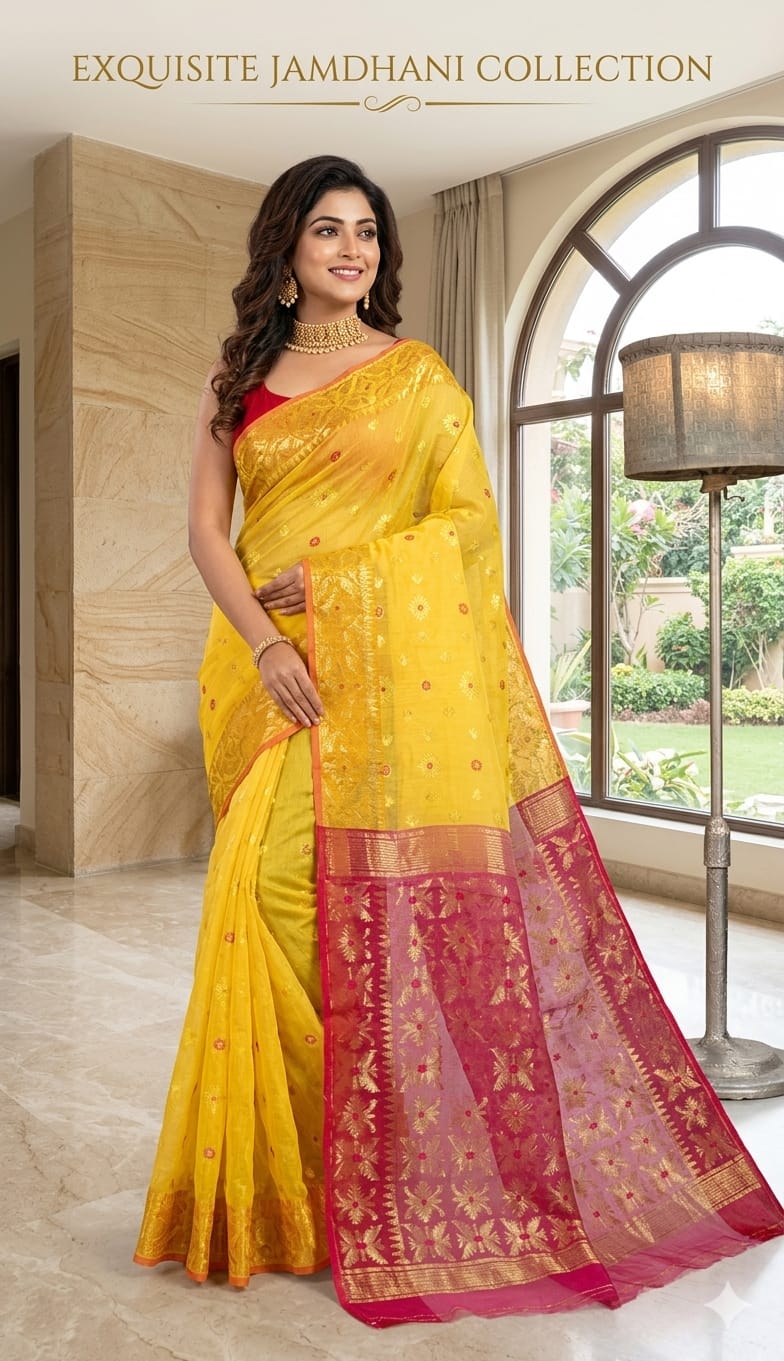 Yellow Soft Copper Joriwork Dhakai Jamdani Saree