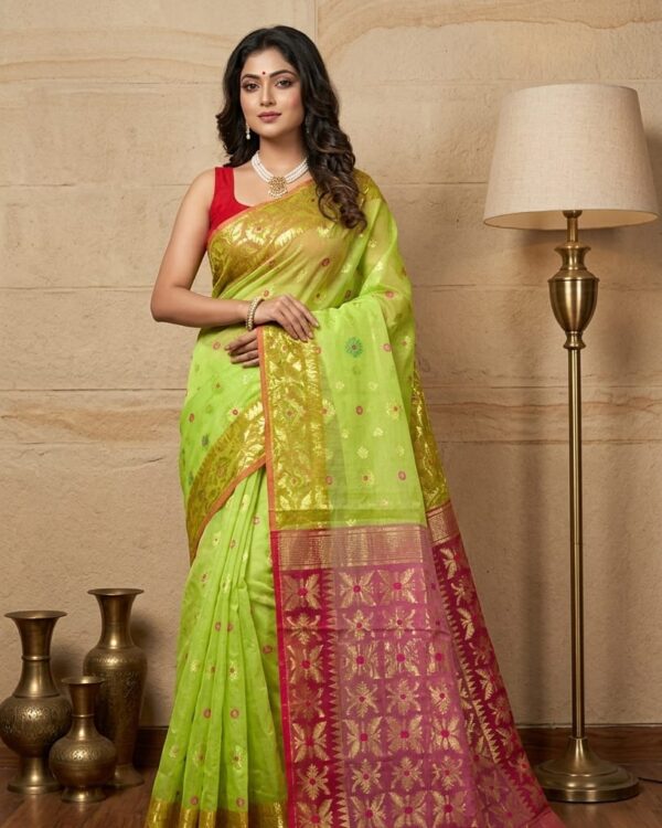 Avocado Green Soft Copper Joriwork Dhakai Jamdani Saree