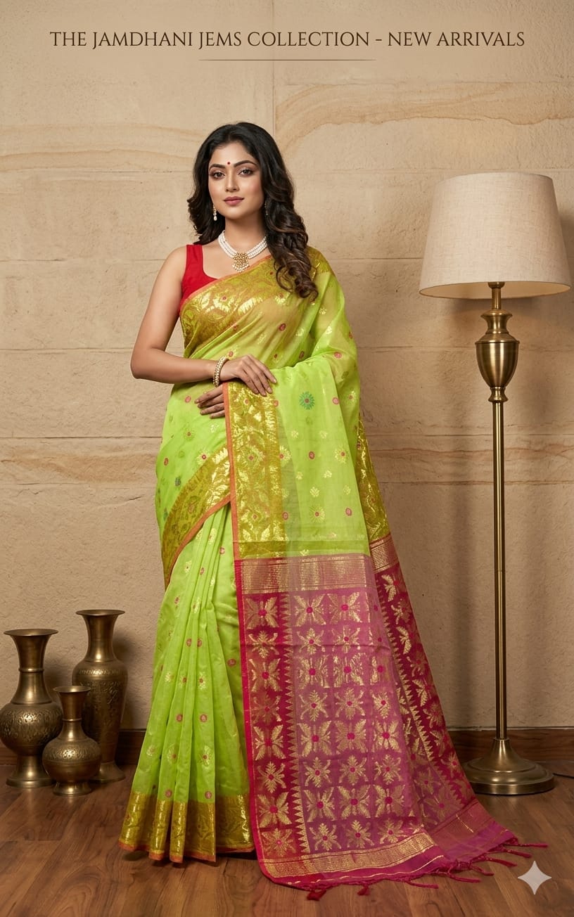 Avocado Green Soft Copper Joriwork Dhakai Jamdani Saree