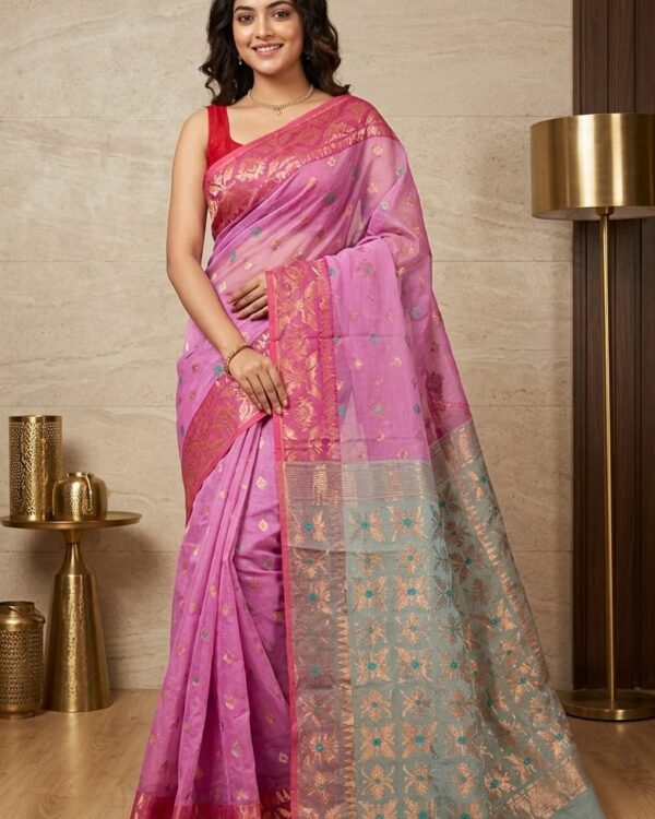 Purplish Pink Soft Copper Joriwork Dhakai Jamdani Saree