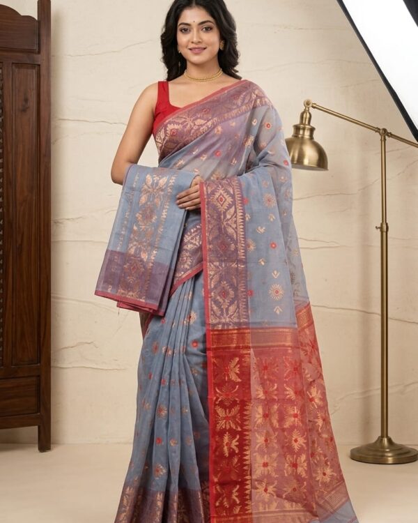 Slate Grey Soft Copper Joriwork Dhakai Jamdani Saree