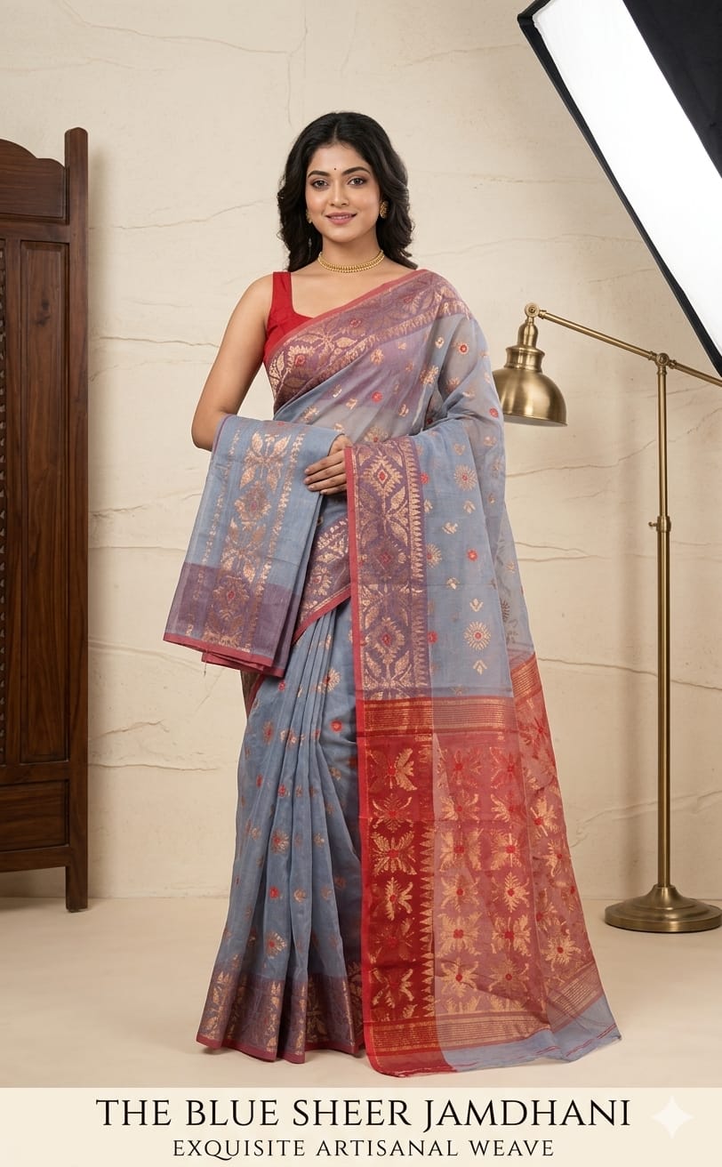 Slate Grey Soft Copper Joriwork Dhakai Jamdani Saree