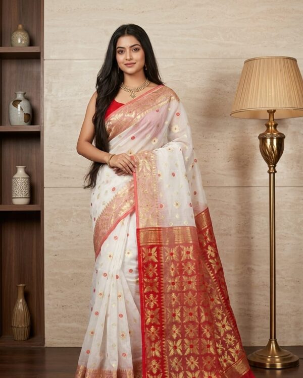 White Soft Copper Joriwork Dhakai Jamdani Saree