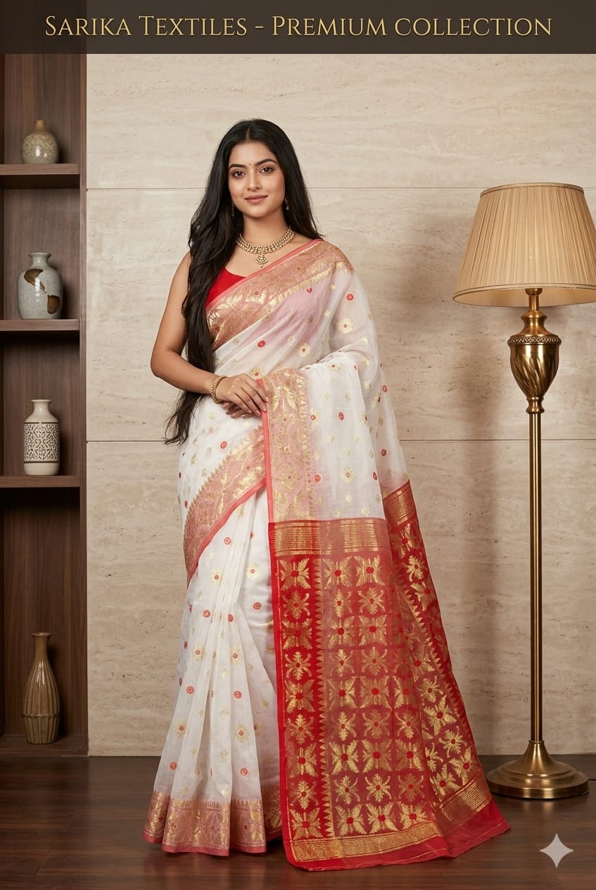 White Soft Copper Joriwork Dhakai Jamdani Saree