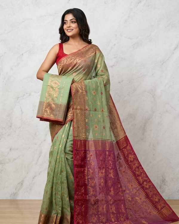 Sage Green Soft Copper Joriwork Dhakai Jamdani Saree