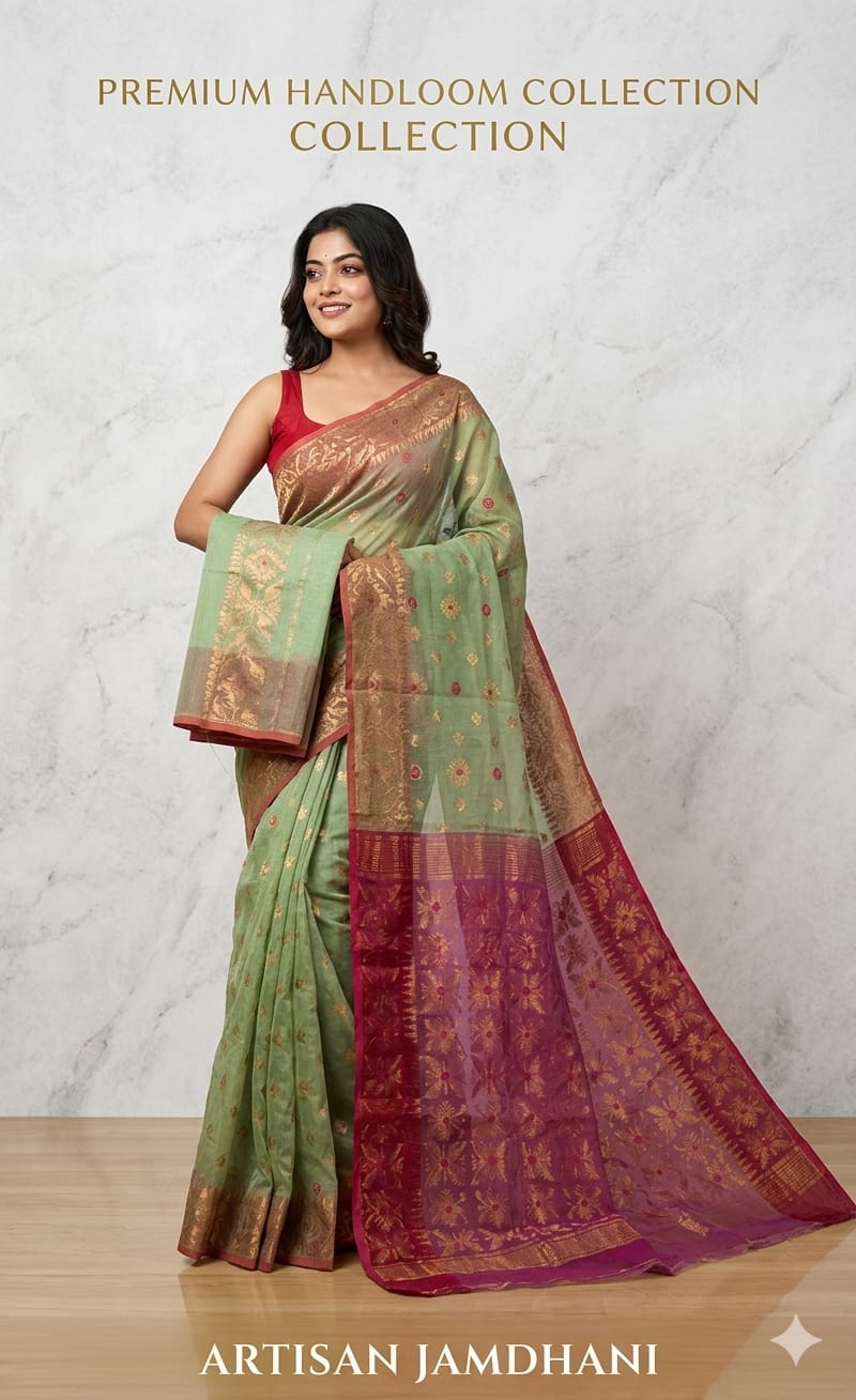 Sage Green Soft Copper Joriwork Dhakai Jamdani Saree