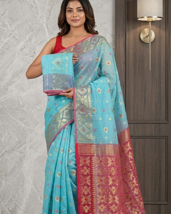 Sky Blue Soft Copper Joriwork Dhakai Jamdani Saree