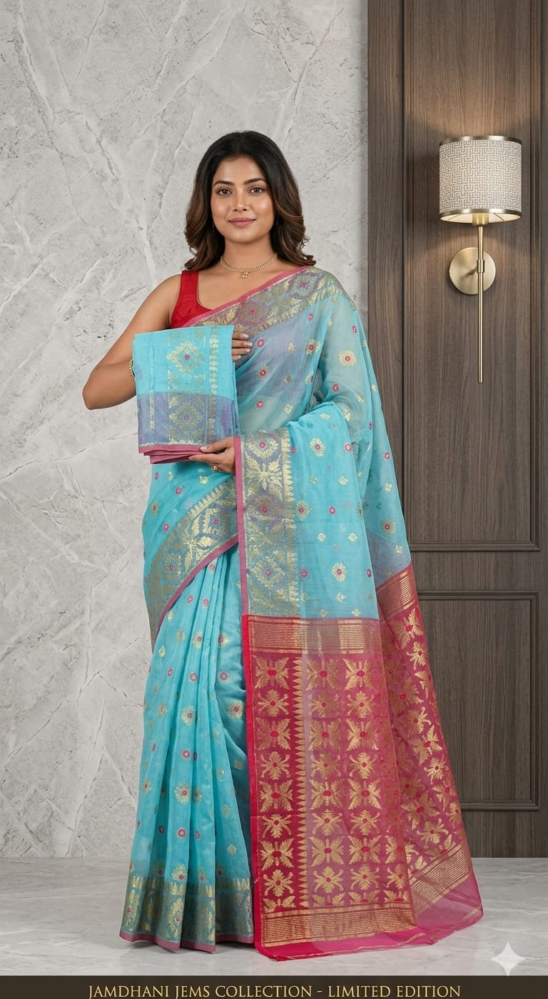 Sky Blue Soft Copper Joriwork Dhakai Jamdani Saree
