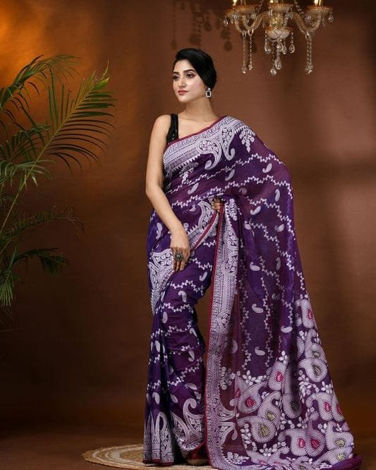 Nokshi Soft Dhakai Jamdani Saree - Grape Purple - Image 3