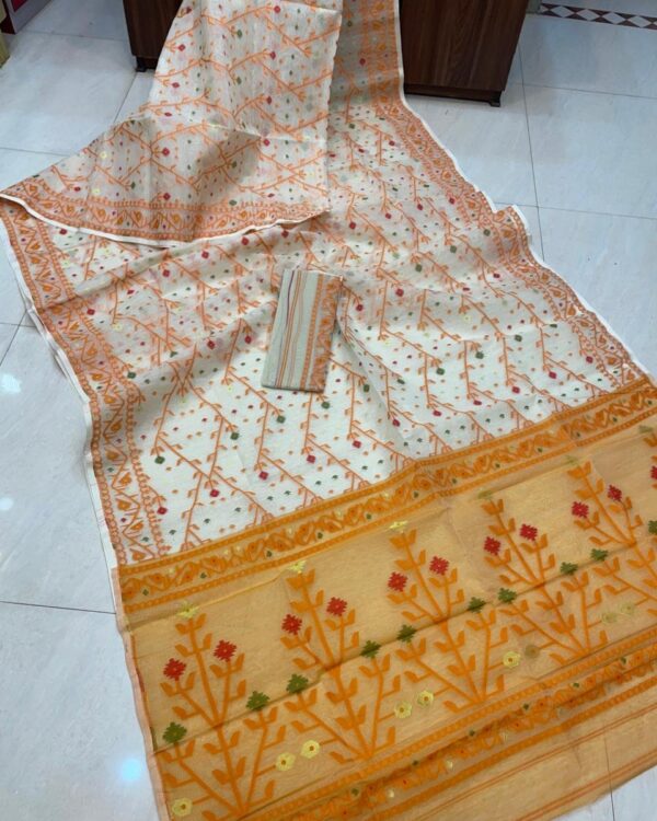Shiuli Dhakai Jamdani Sari with Blouse Piece - White