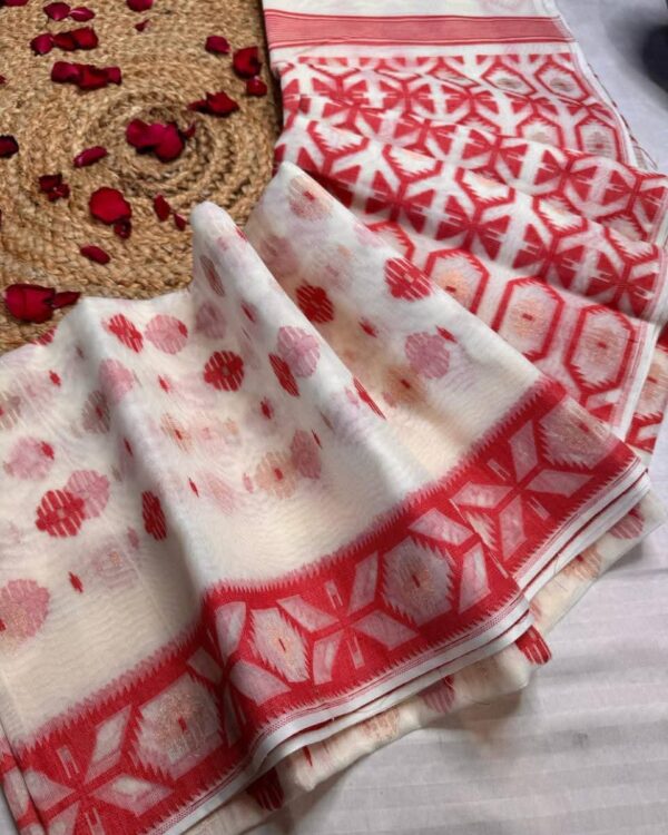 Barfi Buti Soft Dhakai Jamdani Sari with Blouse Piece - White