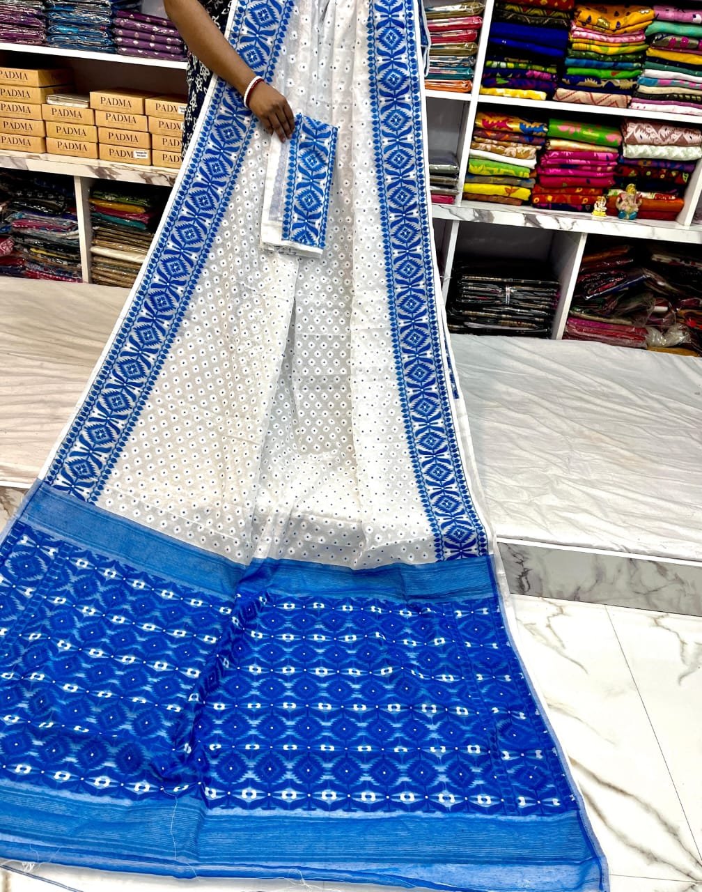 Barfi Soft Dhakai Jamdani Sari with Blouse Piece - White