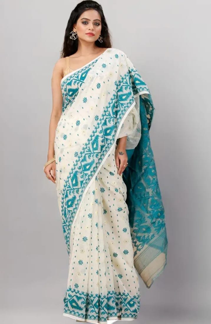 Off White Soft Buti Korat Jamdani Saree With Blouse Piece - Image 3