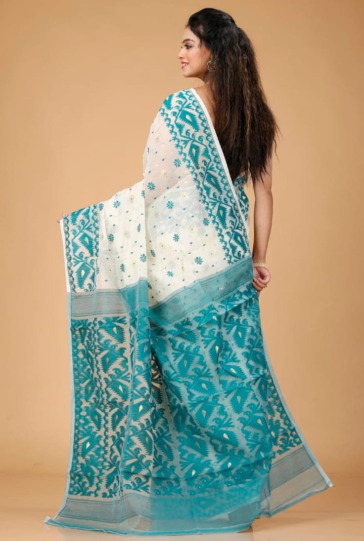 Off White Soft Buti Korat Jamdani Saree With Blouse Piece