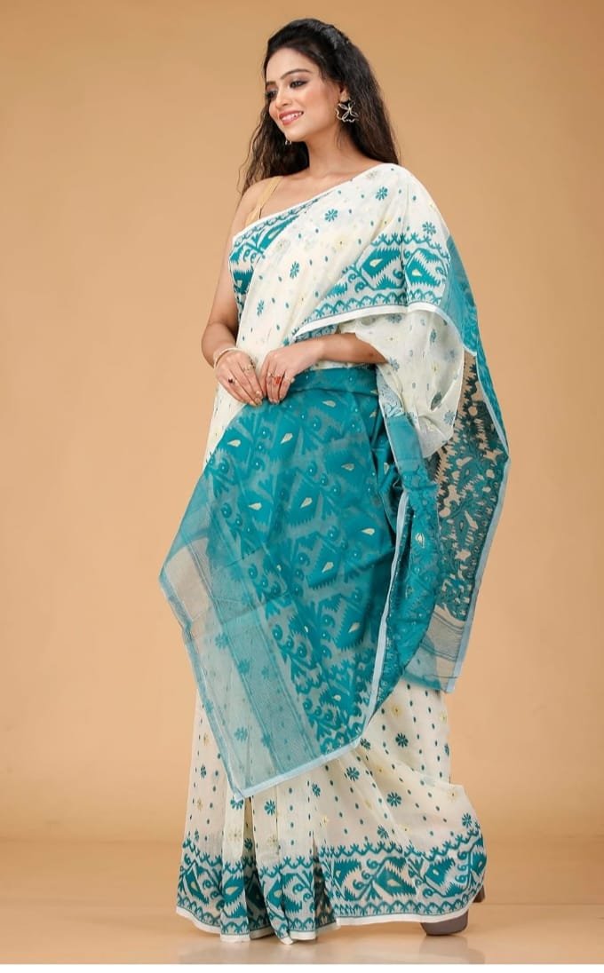 Off White Soft Buti Korat Jamdani Saree With Blouse Piece - Image 2