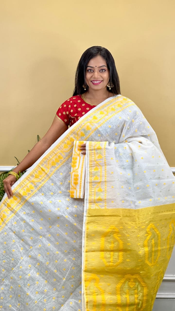 Buti Soft Dhakai Jamdani Saree with Blouse Piece - White