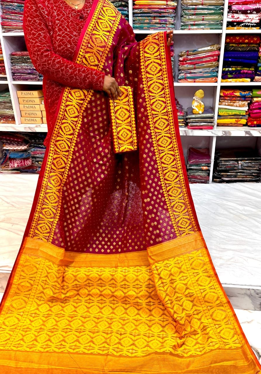 Barfi Soft Dhakai Jamdani Sari with Blouse Piece - Wine Red