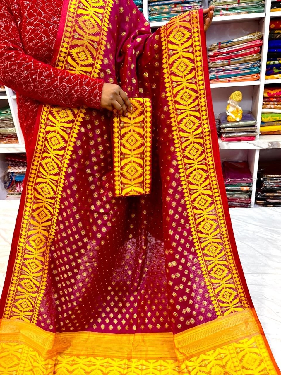 Barfi Soft Dhakai Jamdani Sari with Blouse Piece - Wine Red - Image 2