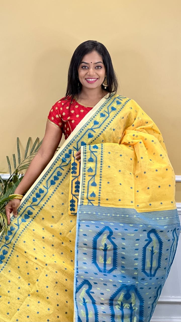 Buti Soft Dhakai Jamdani Saree with Blouse Piece - Yellow