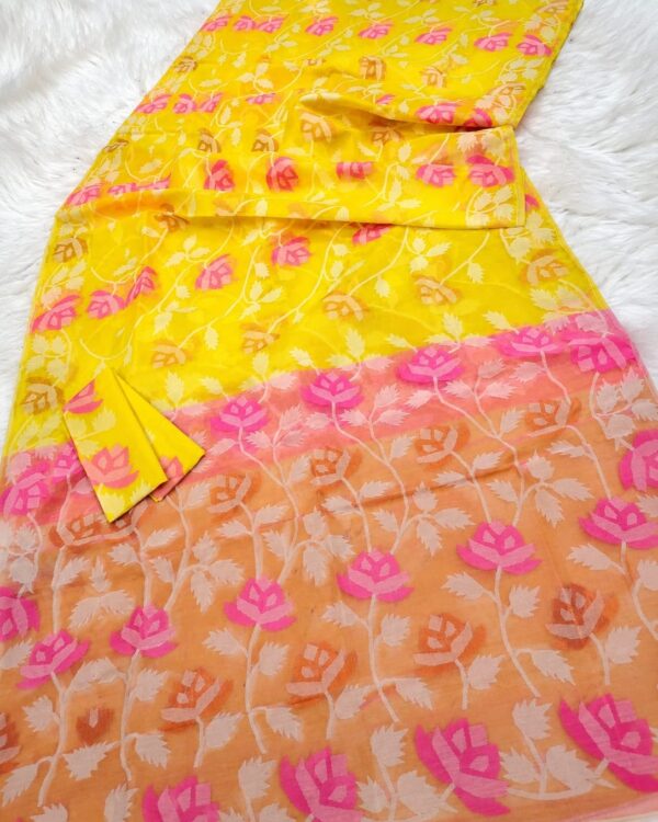Water Lily Soft Dhakai Jamdani Saree with Blouse Piece - Yellow
