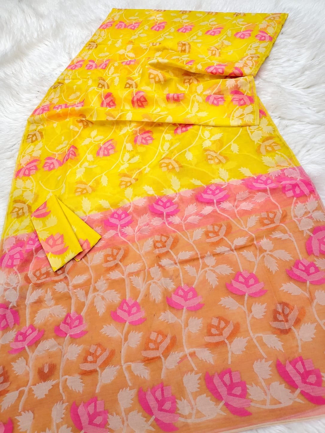 Water Lily Soft Dhakai Jamdani Saree with Blouse Piece - Yellow